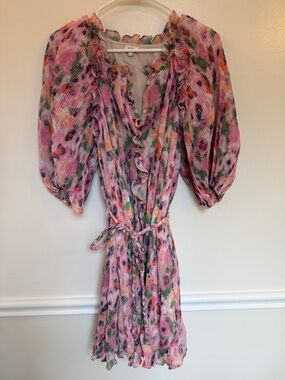 Women's Pink Floral Ruffle Tie-Waist Mini Dress